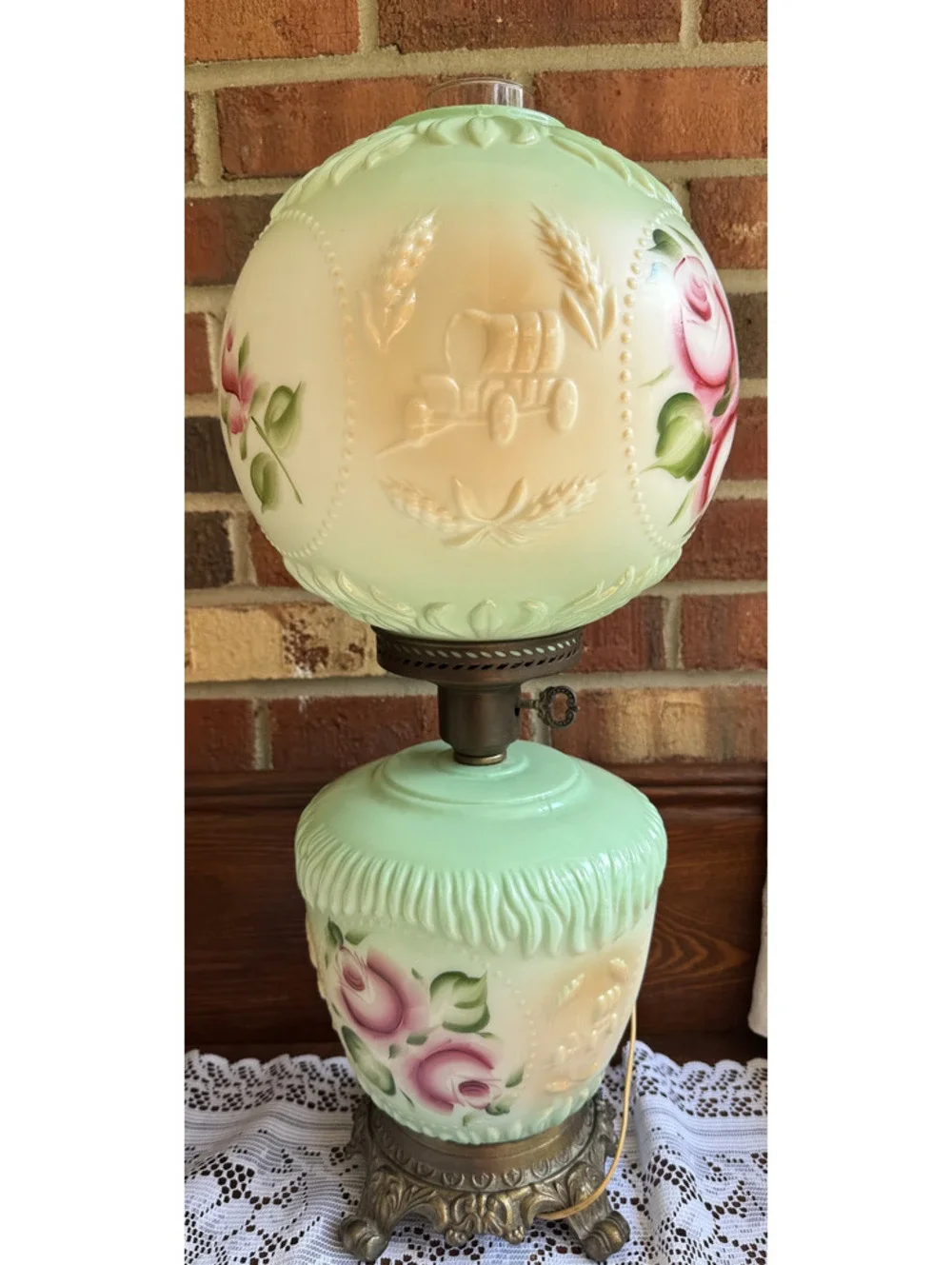 Vintage Hand-Painted Glass Hurricane Lamp with Floral and Wagon Motifs